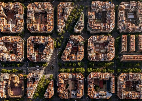 Aerial view of Barcelona urban blocks and streets