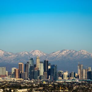 Panoramic view of Los Angeles skyline and mountains