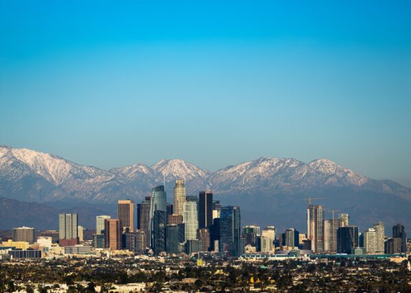 Panoramic view of Los Angeles skyline and mountains