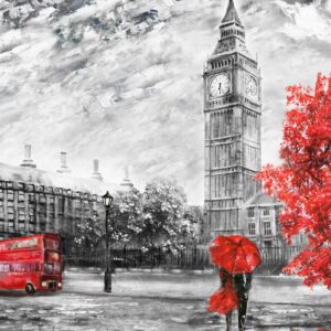 Романтична илюстрация с Биг Бен и двойка с червен чадър на черно-бял фон