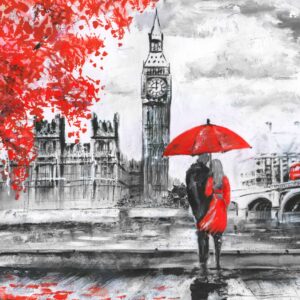 Лондон Скайлайн при залез с небостъргачи и обагрено небе