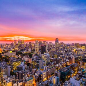 Панорама на Токио по залез със светещи небостъргачи