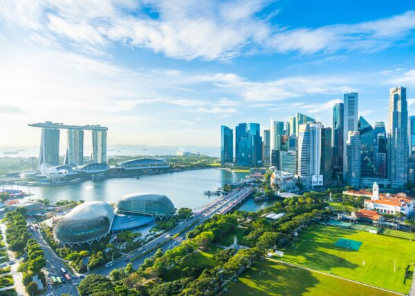 Сингапур панорама с Marina Bay Sands и модерни сгради