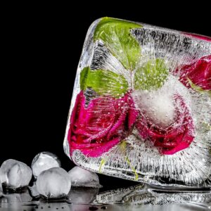 Ледено блокче с рози върху черен фон