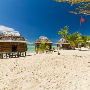tropical beach huts and palm trees by the sea