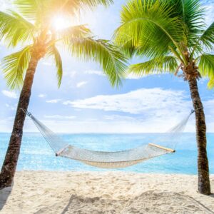 Хамак между палми на плаж със синьо море и небе.
