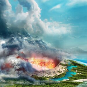 Вулкан изригва над океан в драматична сцена.