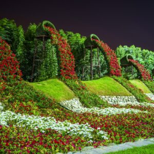 Нощна градина с цветни арки и каскадни цветя