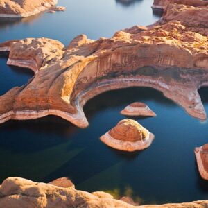 Глен Каньон и езерото Пауъл с оранжеви скали и синя вода.
