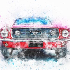 Акварелно изображение на червен Ford Mustang с цветни пръски