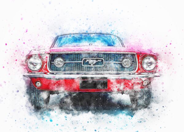Акварелно изображение на червен Ford Mustang с цветни пръски