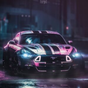 Ford Mustang с неоново осветление през нощта