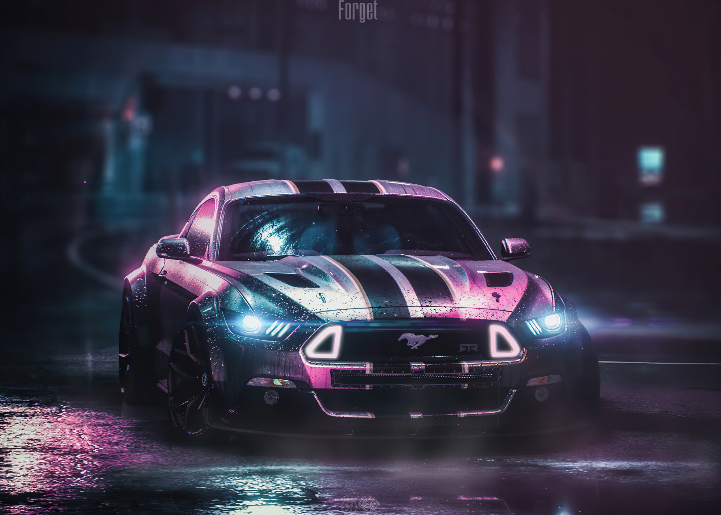 Ford Mustang с неоново осветление през нощта