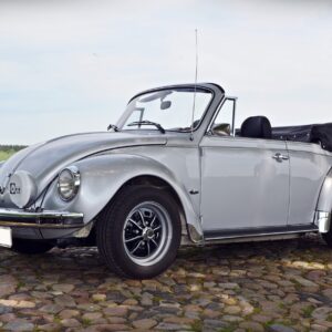 Сребрист Volkswagen Beetle кабриолет паркиран на каменна настилка сред зеленина