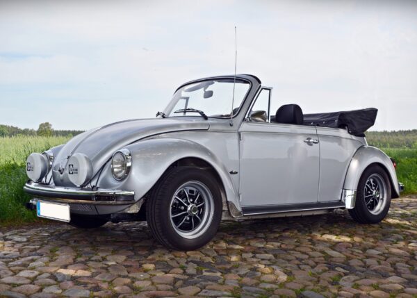 Сребрист Volkswagen Beetle кабриолет паркиран на каменна настилка сред зеленина