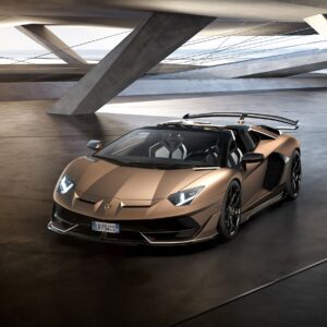 Bronze Lamborghini supercar in architectural environment