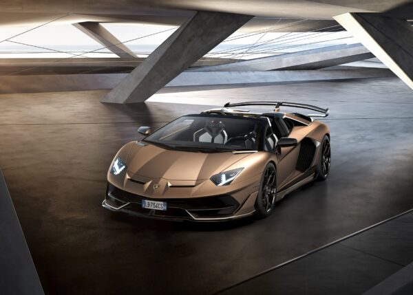 Bronze Lamborghini supercar in architectural environment