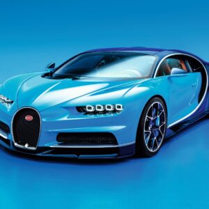 Bugatti Chiron суперавтомобил в синьо-черна комбинация на син фон