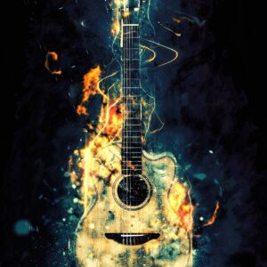 Горяща китара с пламъци и светлинни ефекти