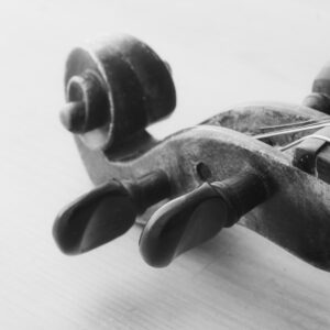 Черно-бяла фотография на горната част на цигулка