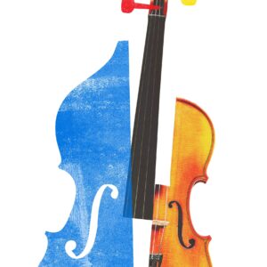 Абстрактна илюстрация на цигулка в синьо, жълто, зелено и червено