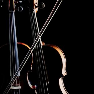 Две цигулки и лък върху черен фон с драматично осветление