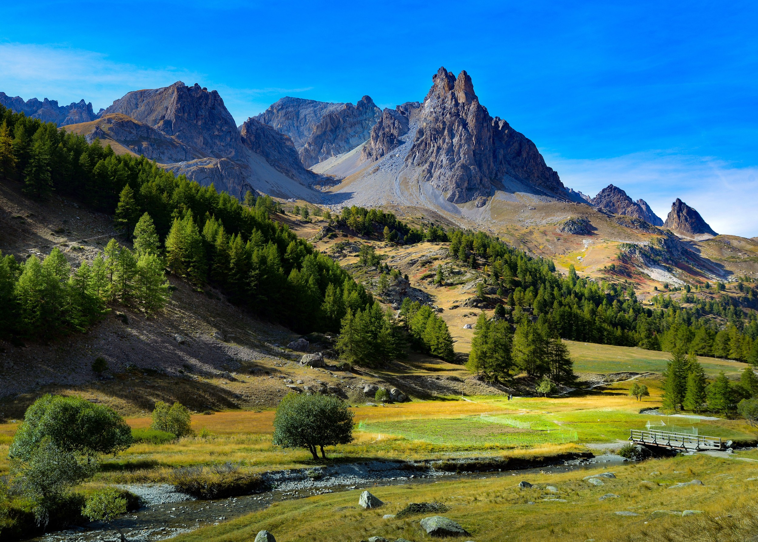 Алпийски върхове и зелени долини под синьо небе