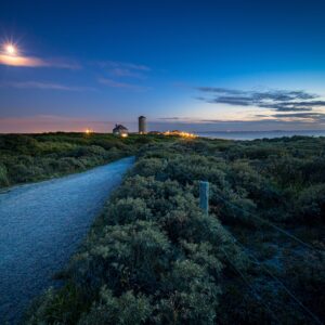 Moonlit road with lighthouse and serene night sky.