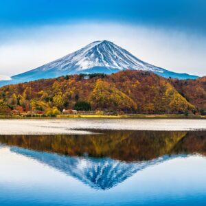 Autumn reflection of Mount Fuji with colorful trees.
