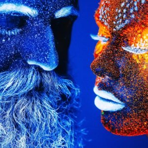 Синьо и оранжево лице с флуоресцентна боя