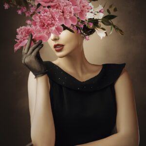 портрет на жена с шапка от божури