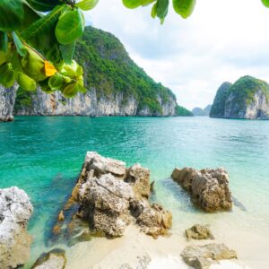 Екзотичен залив с тропически острови и море в зелени тонове.