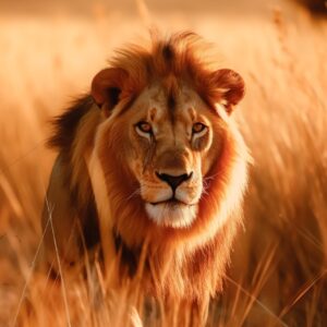 Лъв с огнена грива върви в тревите при залез