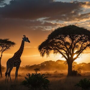 Жираф сред акации при изгрев в саваната