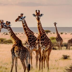 Група жирафи върху тревист пейзаж в саваната